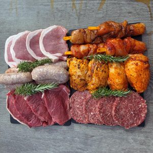BBQ pack of burgers, steaks, chicken and kebabs