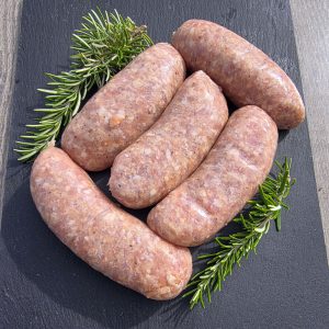 Croots Thick Farm Sausages on slate platter
