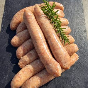 Croots thin farm sausages on a slate platter