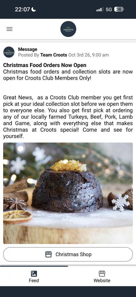 Croots Club app showing Christmas food orders open for members only